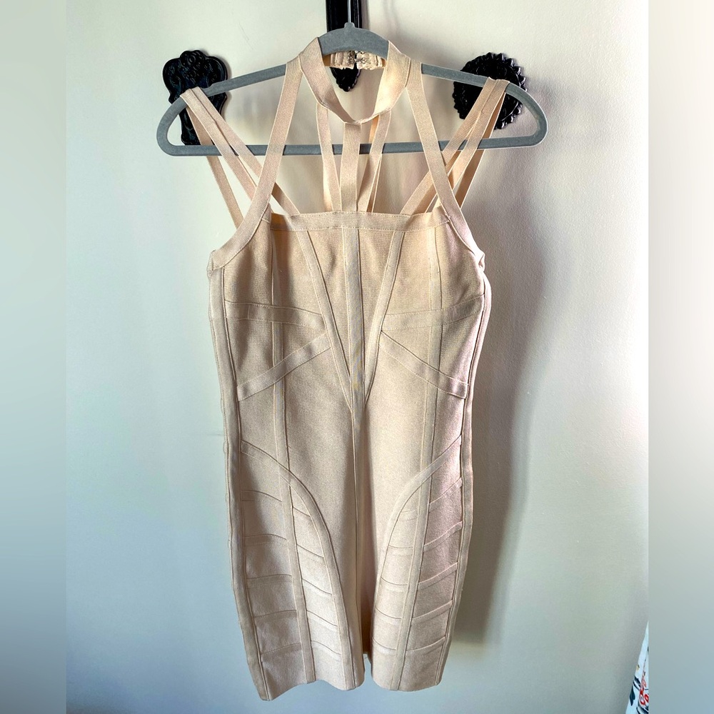 BEBE nude bodycon strappy dress